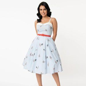 Unique Vintage Blue Stripe & Rooster Retro Pinup Rachel Swing Dress